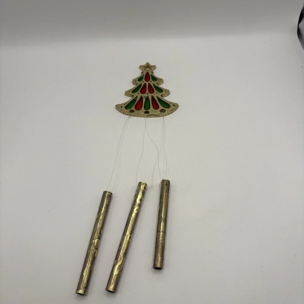 Vintage Stained Glass and Cast Metal Christmas Tree Wind Chime Japan Decoration - Picture 2 of 7